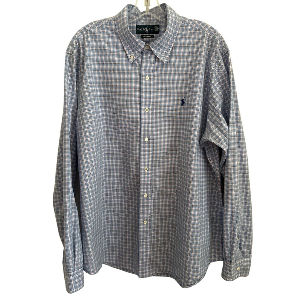 Ralph Lauren Mens Custom Fit Blue & Pink Plaid Long Sleeve Dress Shirt, Size XL